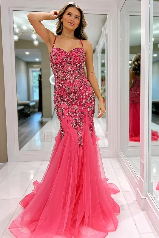 women's pear-shaped body dressesPink Beaded Spaghetti Strap Trumpet Long Gown