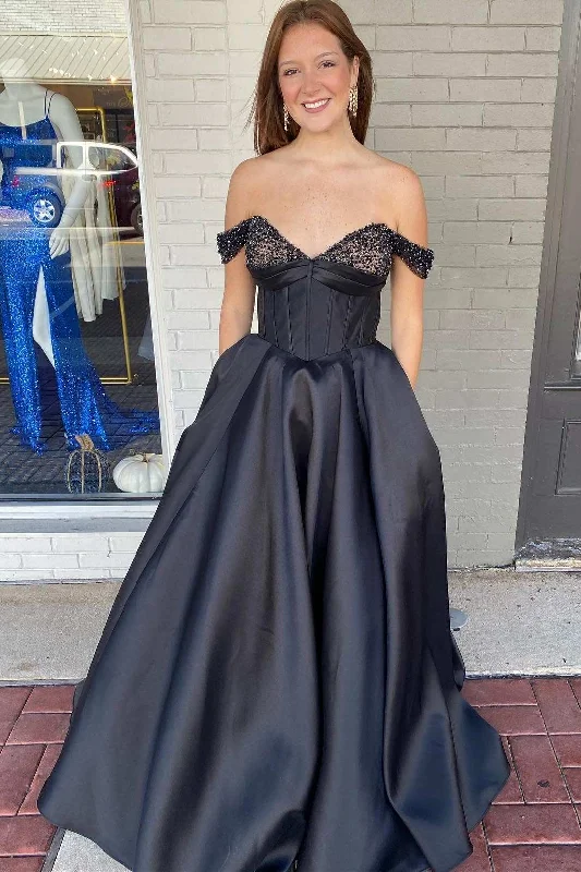 women's club dressesPrincess Black Satin Off-the-Shoulder Ball Gown