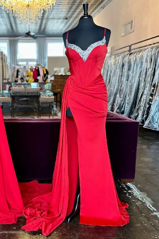 women's tall dressesRed Beaded Queen Anne Neck Straps Long Formal Gown with Attached Train