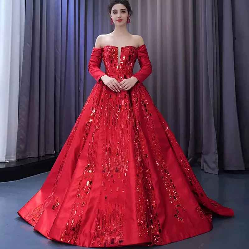 women's maternity dressesRed Off the Shoulder Sequin Quinceanera Dress Long Sleeve Formal Gown