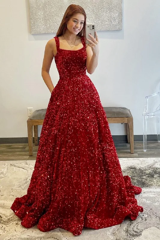 women's bell-sleeved dressesRed Sequin Square Neck Open Back Ball Gown