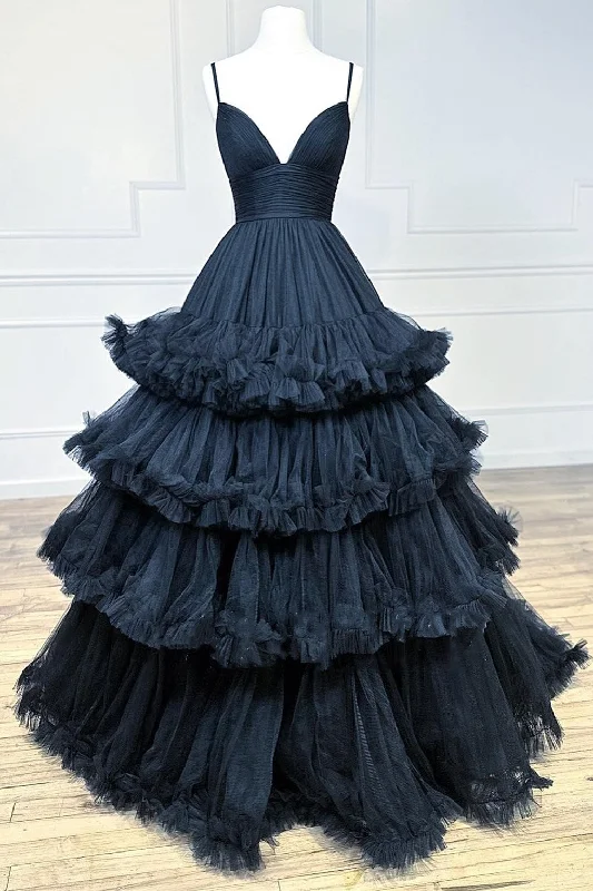 women's checkered dressesBlack Tulle V-Neck Tiered Long Gown with Ruffles