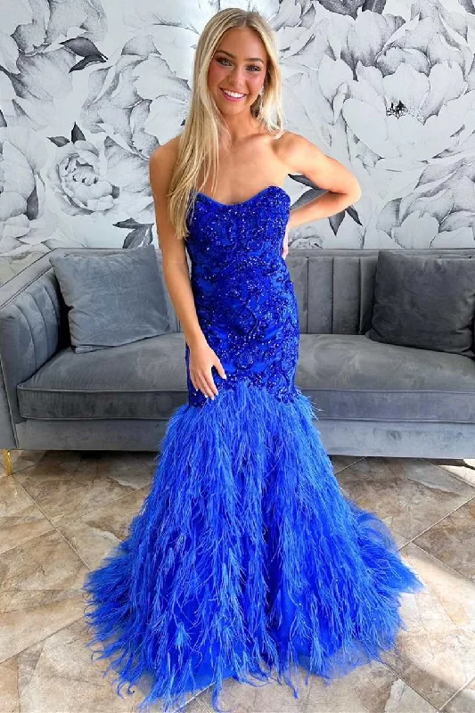 women's metallic dressesRoyal Blue Feathers Beaded Strapless Trumpet Long Formal Gown