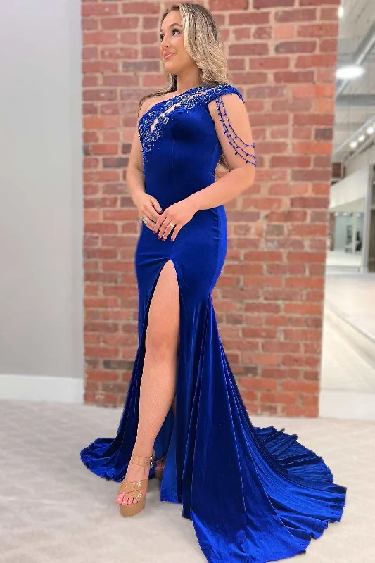 women's curve-hugging dressesRoyal Blue Velvet Applique Keyhole Mermaid Long Formal Gown with Slit