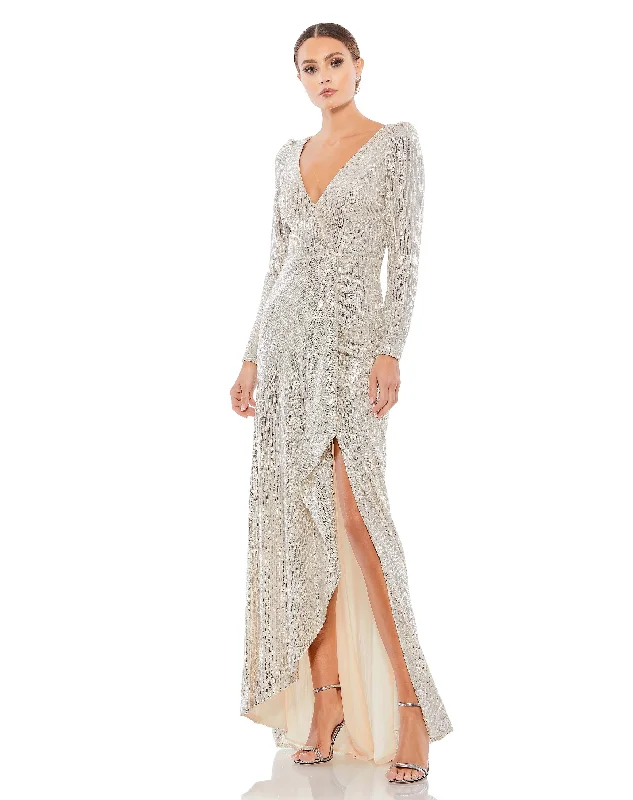 women's high-end dressesSequined Faux Wrap Long Sleeve Gown