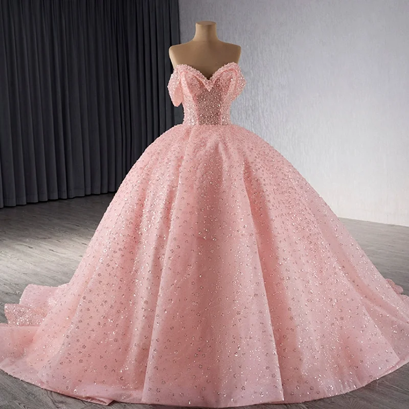 women's wedding guest dressesSparkly Pink Quinceanera Dress Formal Gown with Off the Shoulder