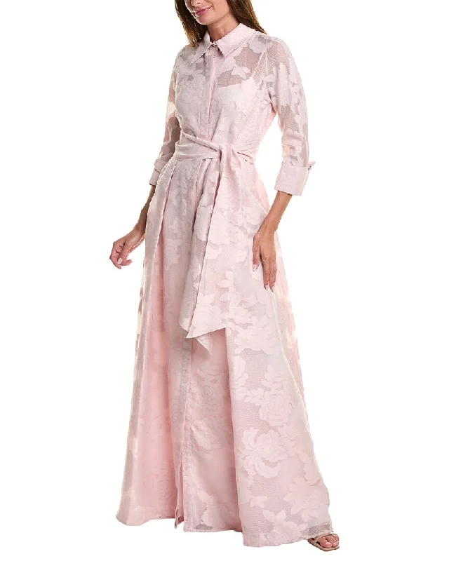 women's lace-up dressesTeri Jon by Rickie Freeman Jacquard Lace Shirt Gown