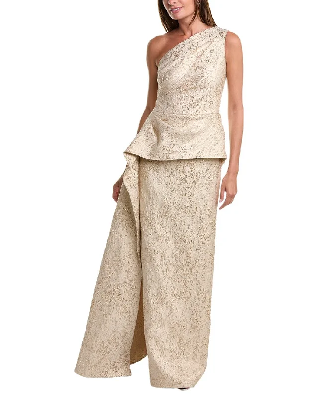 women's cinched-waist dressesTeri Jon by Rickie Freeman Metallic Jacquard Gown