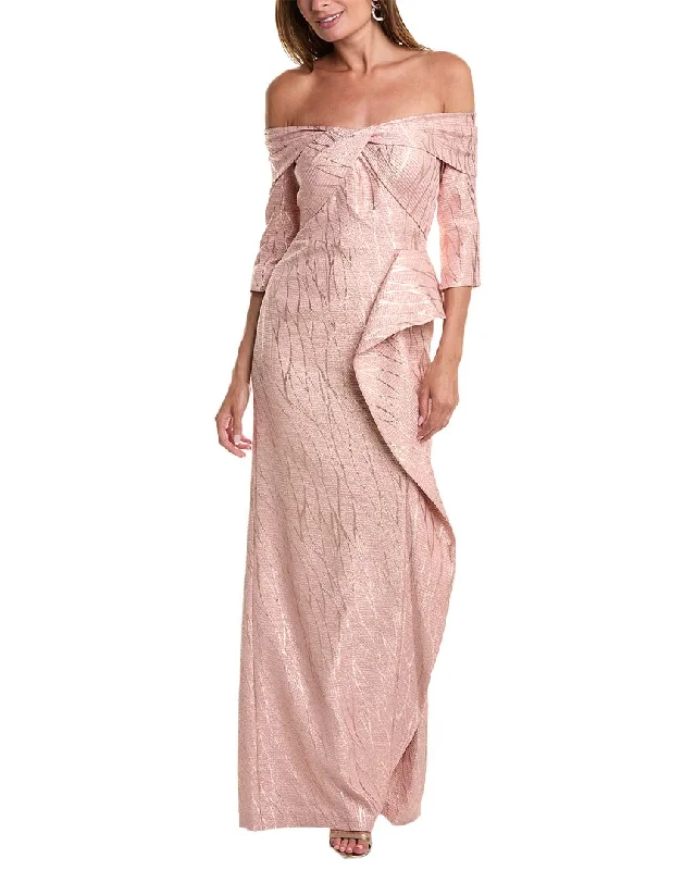 women's ruffle dressesTeri Jon by Rickie Freeman Metallic Jacquard Gown