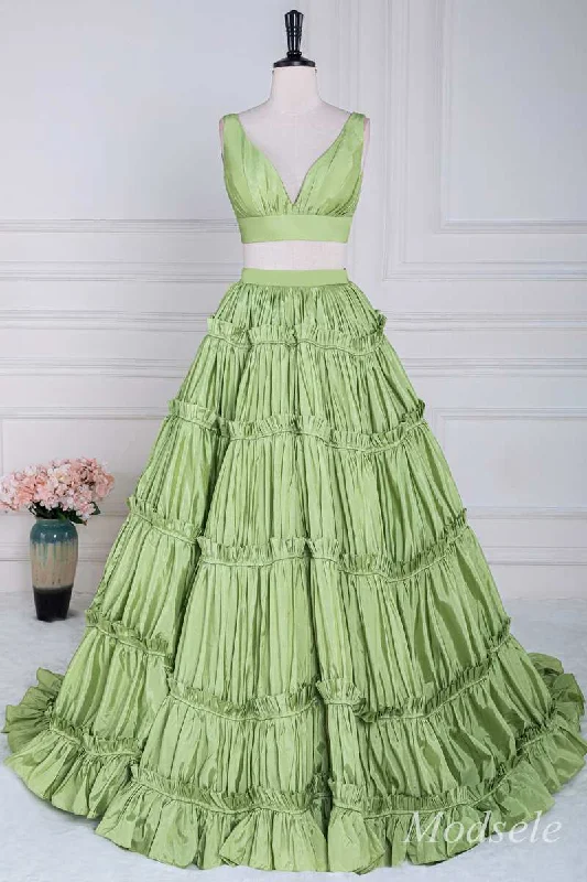 women's fair-trade dressesTwo-Piece Green Taffeta V-Neck Ruffle Ball Gown