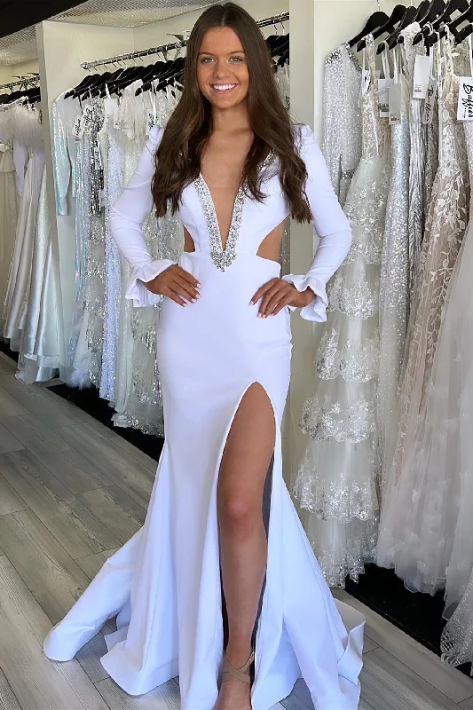 women's ruffle dressesWhite Plunge V Cutout Mermaid Long Formal Gown with Long Sleeves